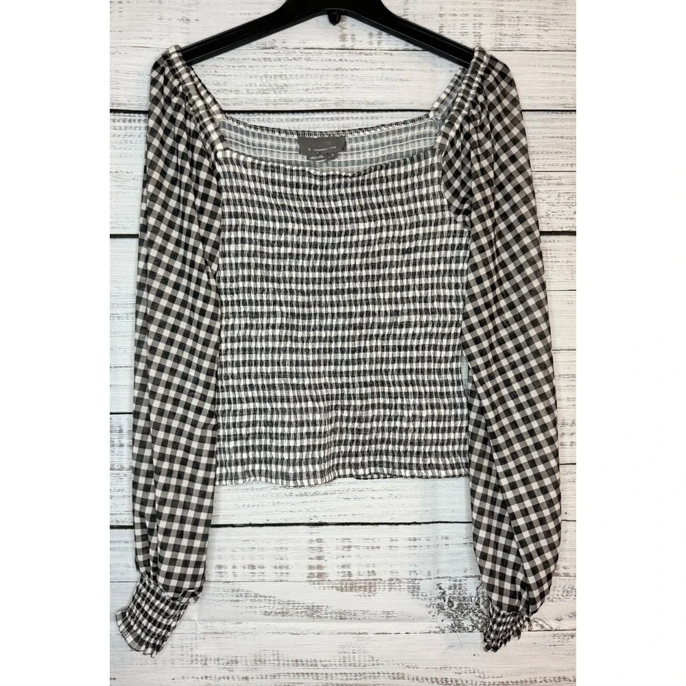 Anthropologie Rouen Crop Top Black White Gingham Square Neck Balloon Sleeve